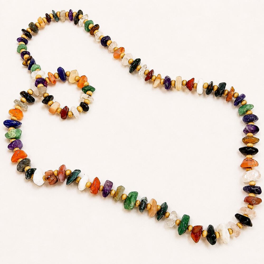 Multicolor Stone Chip Bead Necklace Cream Tone Spacers 30 Inch N645 - Picture 2 of 4
